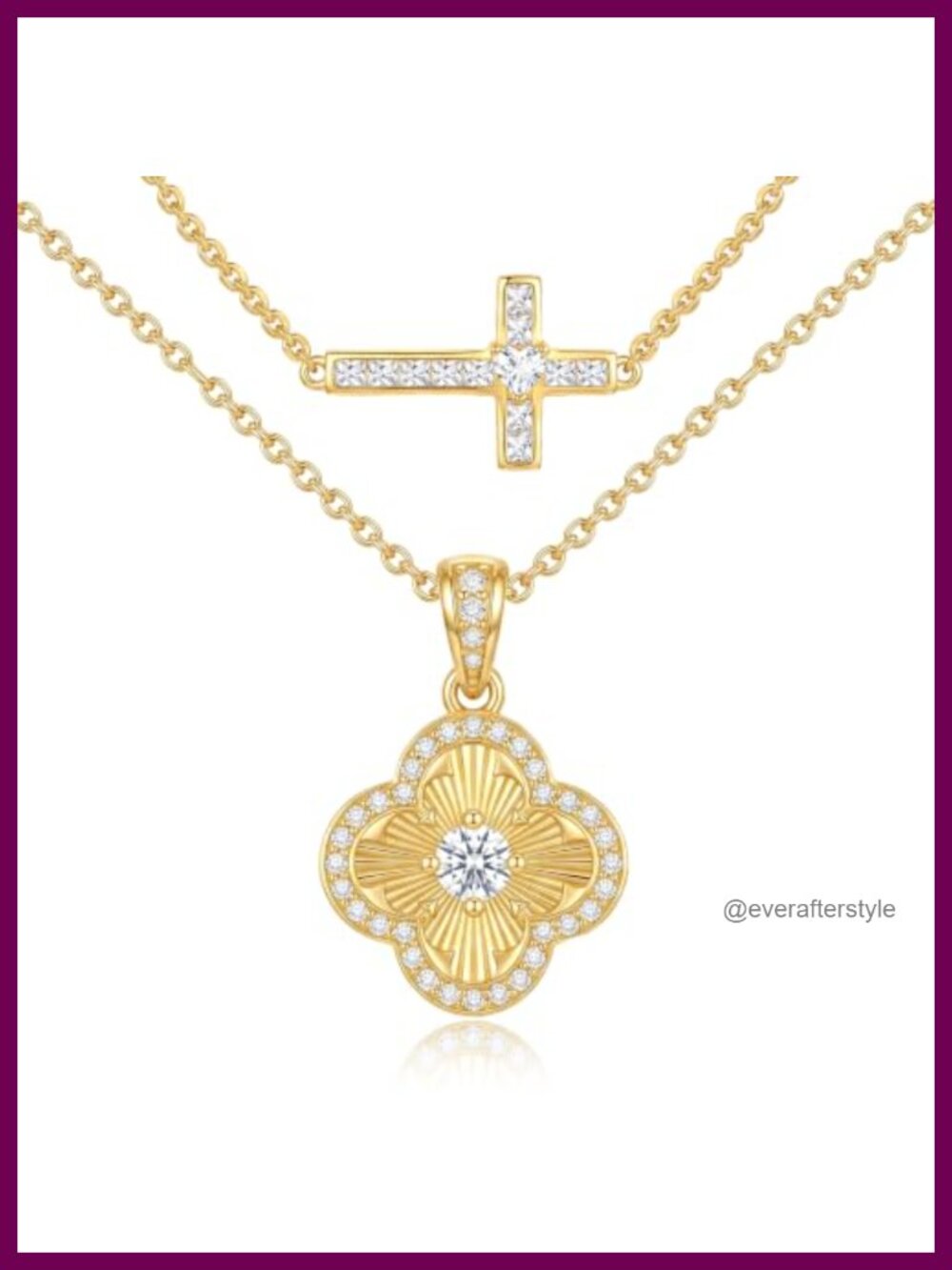 Layered Cross & Clover Necklace 14K Gold Plated Stackable Pendant